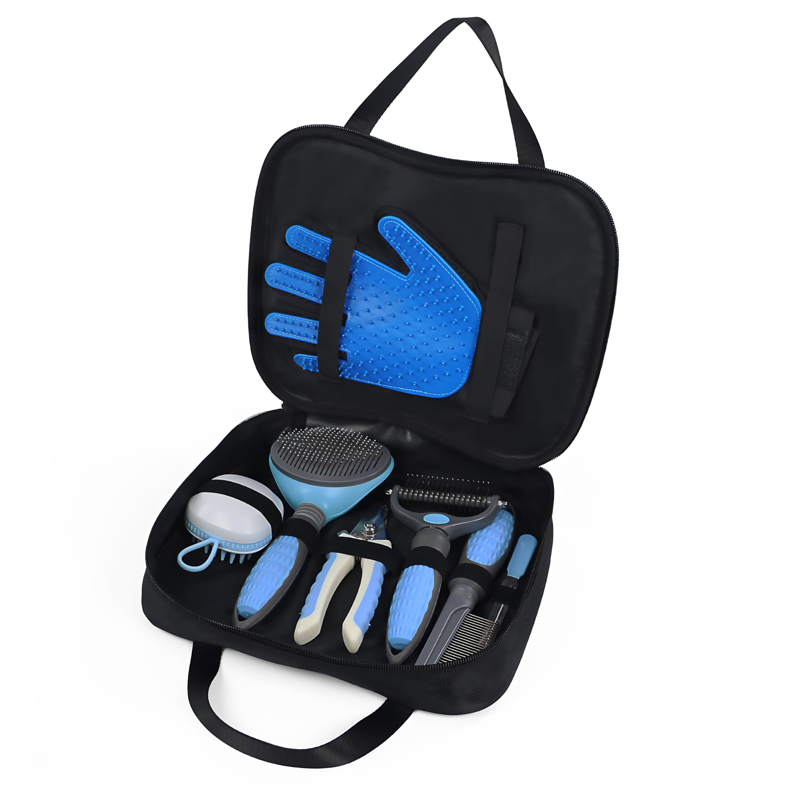 Pet Grooming Tool Kit - Nail Clipper Set Dematting & Grooming Combs Bath Brush Hair Removal Mitts (Upgraded Blue)