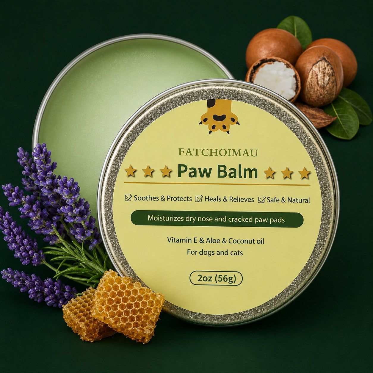 Natural Dog Paw Balm for Dogs and Cats.  Lick Safe Dog Nose Balm & Cat Paw Balm 2oz(56g)