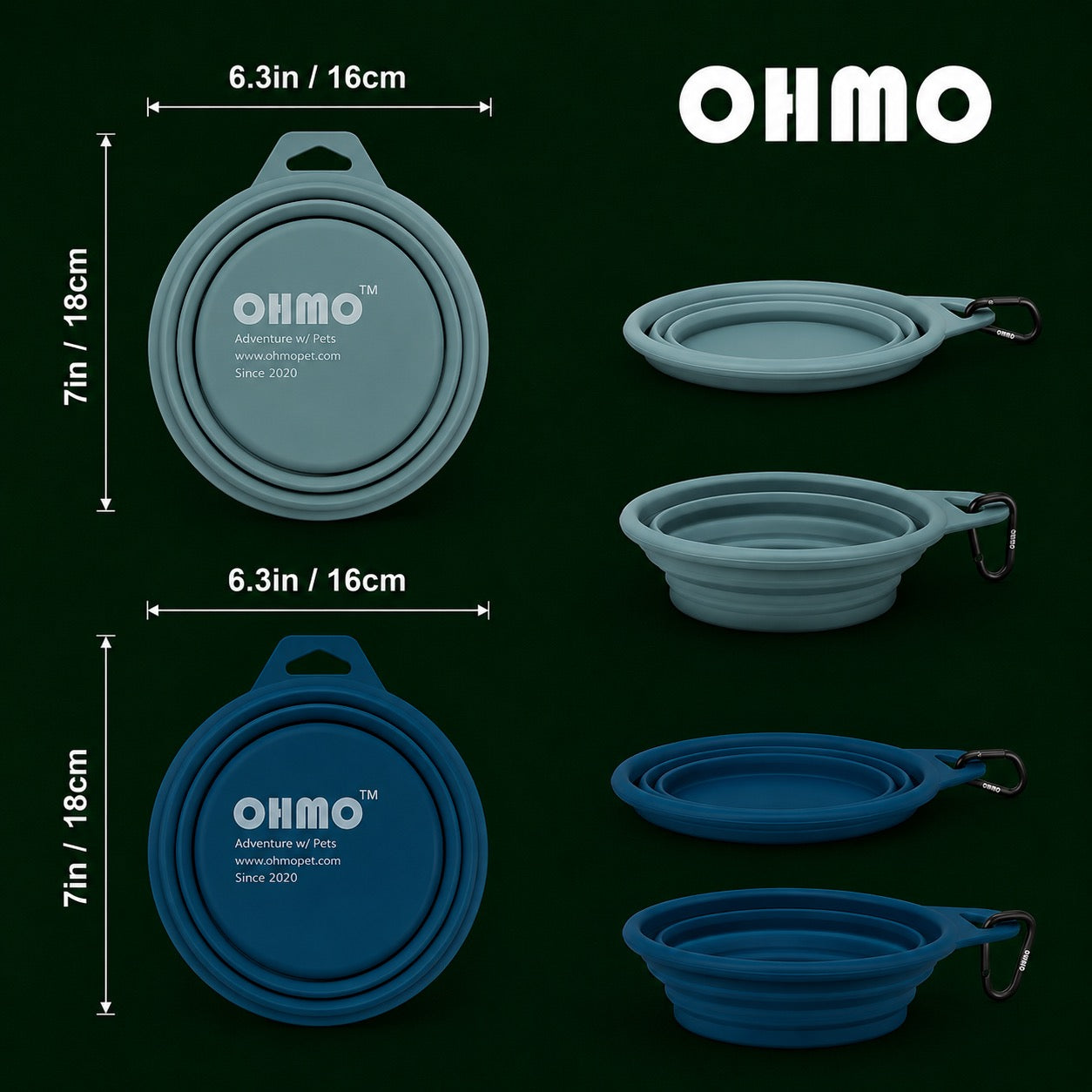 OHMO Premium Silicone Portable Pet Bowls 2-Pack