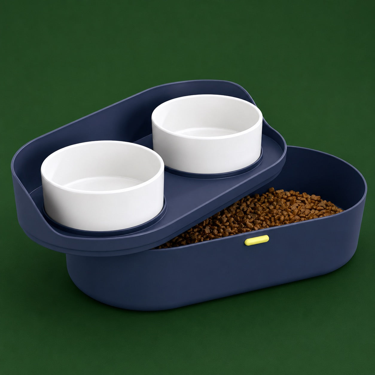Navaris Elevated Dog Feeder Set - Dual Bowl Stand for All Dogs - Ergonomic Feeding Station with Storage - Splash Guard - Navy Blue