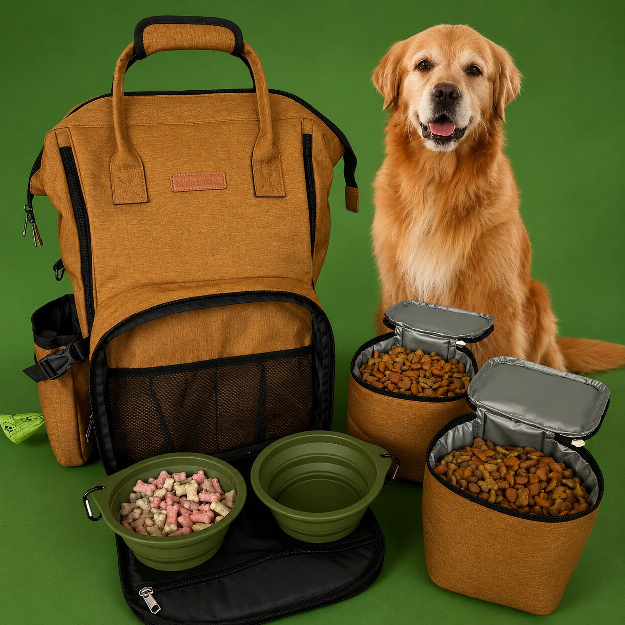 Titos Travel Dog Bag Kit – Includes 2 Bowls & Food Containers (Brown)