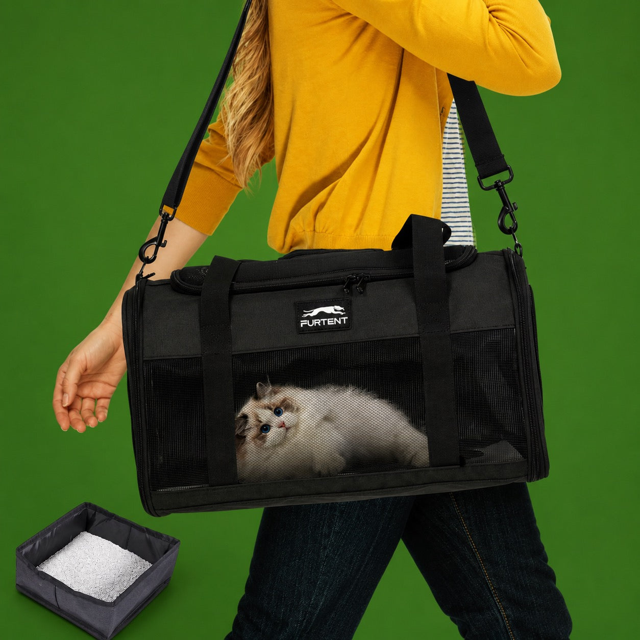 Airline-Friendly Foldable Cat Carrier with Litter Box - Black