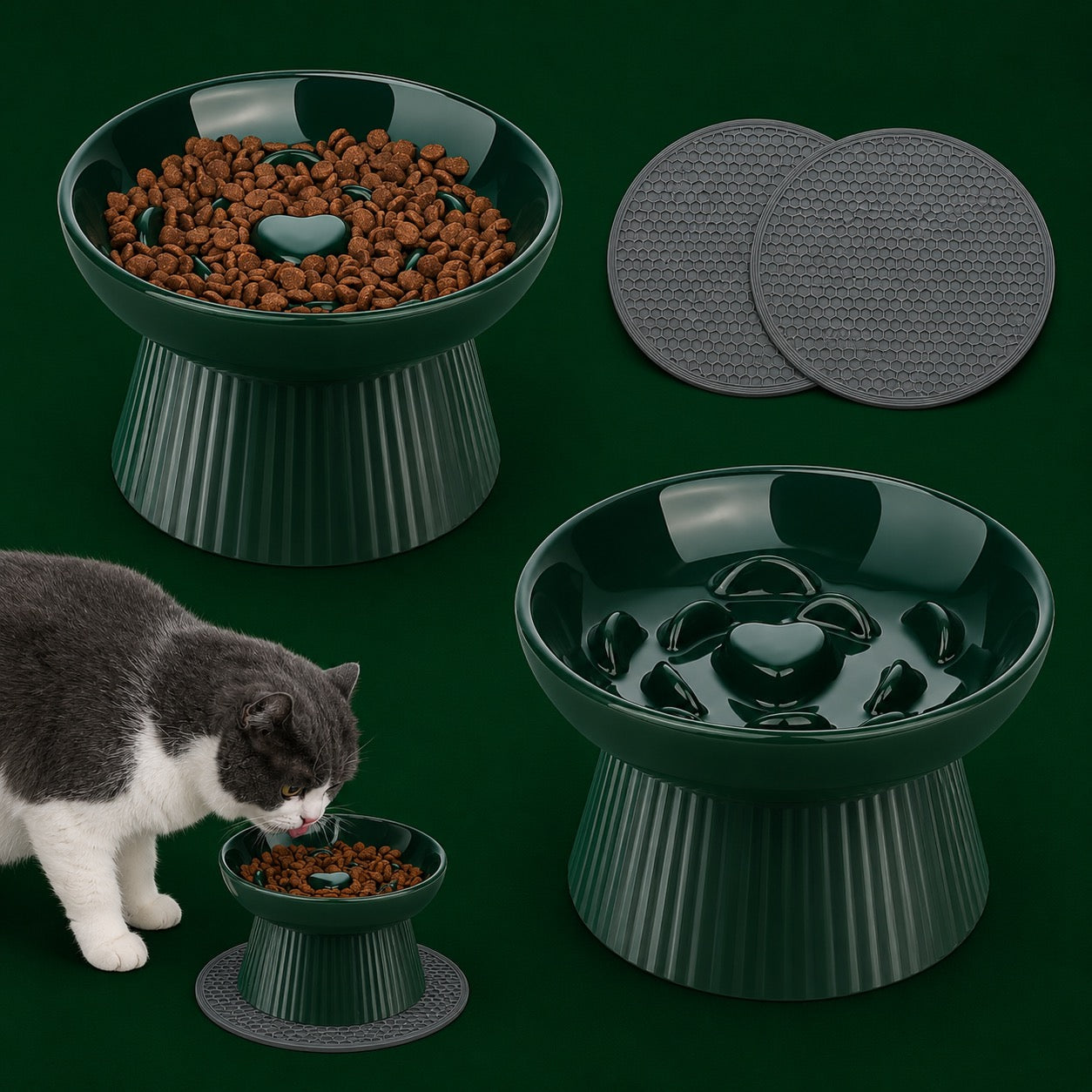 Elevated Ceramic Slow Feed Cat Bowl Set